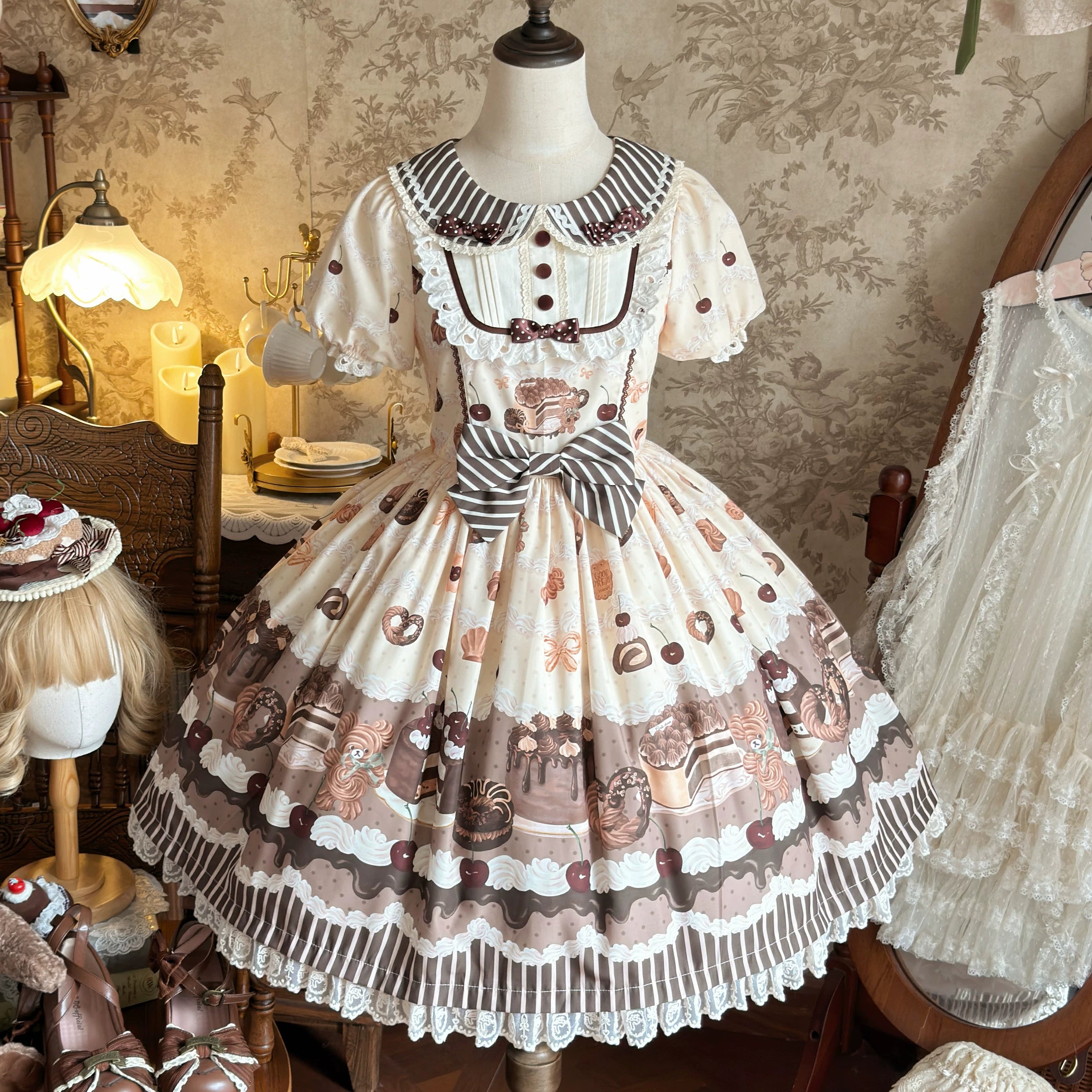 Cocoa Baker - Old School Lolita Dessert Printed OP & JSK Dress with Embroidery (L M S XL / Pre-order) 45486:850996