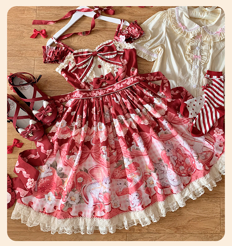 Mewroco~Strawberry Cat~Sweet Lolita Dress Suit JSK and Salopette with Cat Prints (L M S XL) 42105:726529