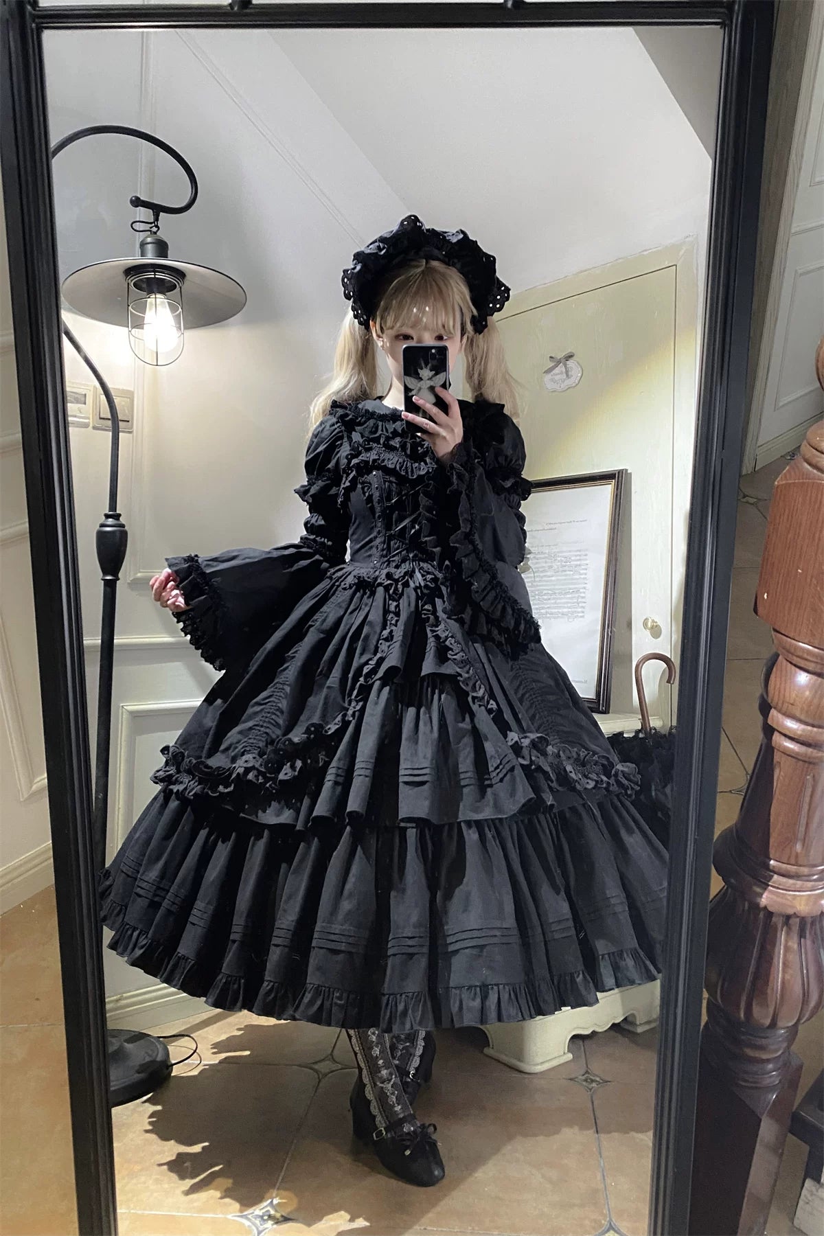 Cotton Gothic Lolita Long JSK, Drawn-up Hem 45213:841086