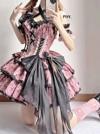 Xingweimian~Medea's Kiss~Gothic Lolita Dress Tiered Hem Pink JSK Dress Set   