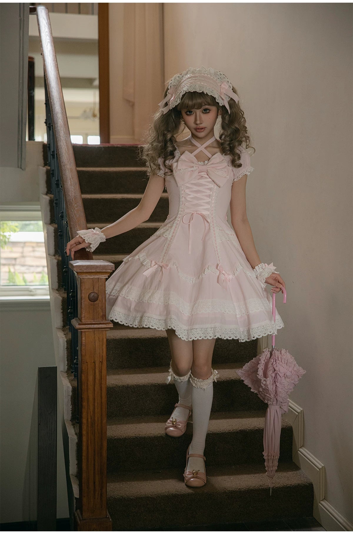 Showa Sweetheart - Old School Lolita OP Dress, Ruffled Lace Hem 45887:866804