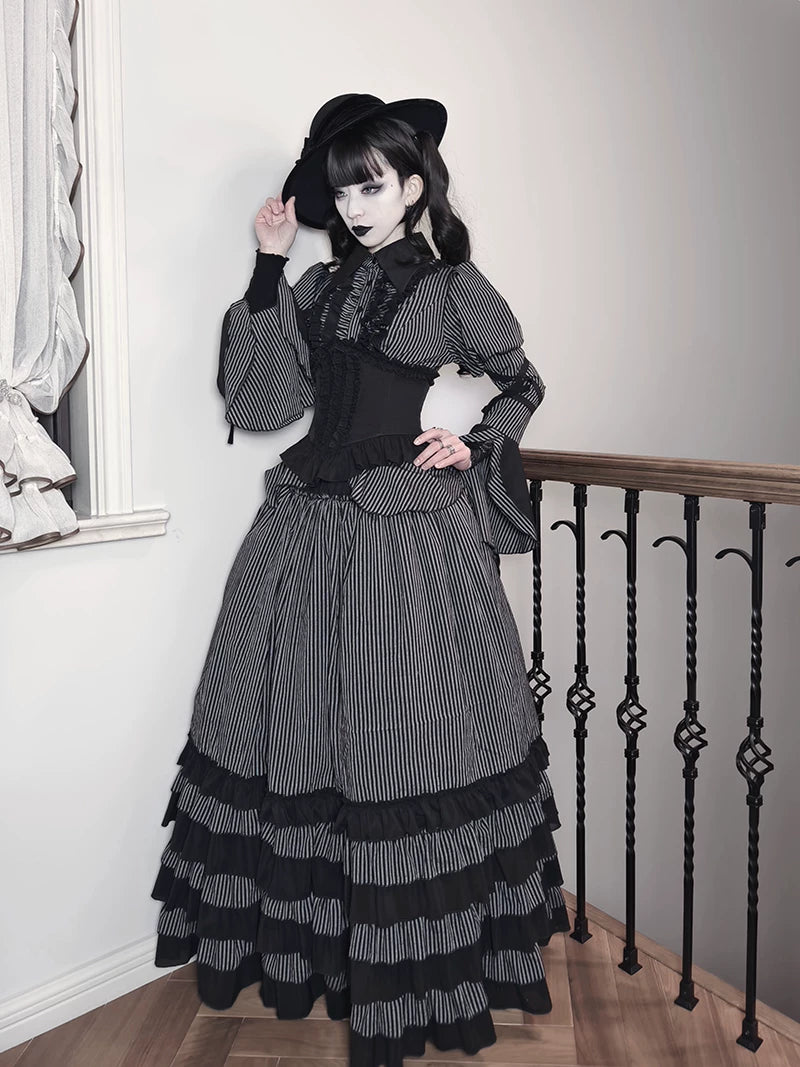 Striped Wednesday - Gothic Lolita Striped Blouse Set, Ruffled Corset 45176:838928