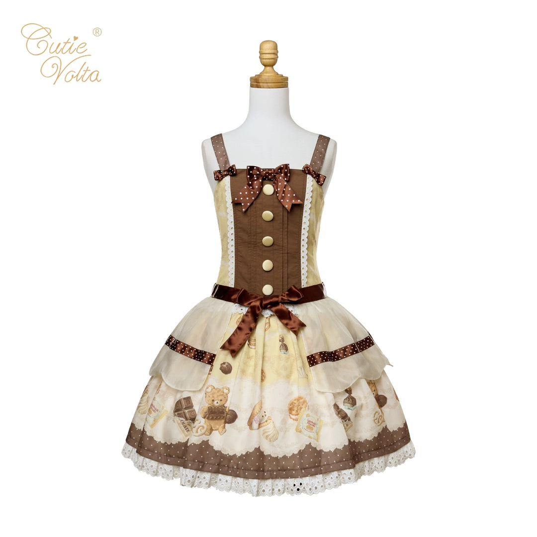 CutieVolta~Blissful Confectionery~Sweet Lolita OP Dress Bear Print JSK Honey Yellow JSK (JSK + apron) S 