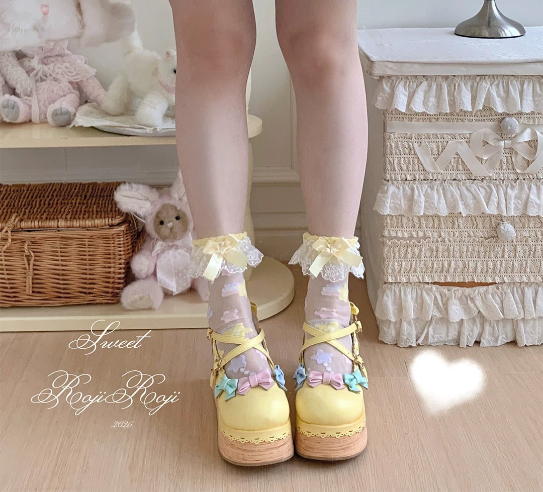 Sweet Lolita Star Embroidered Socks with Colorful Satin Bow 45610:855343