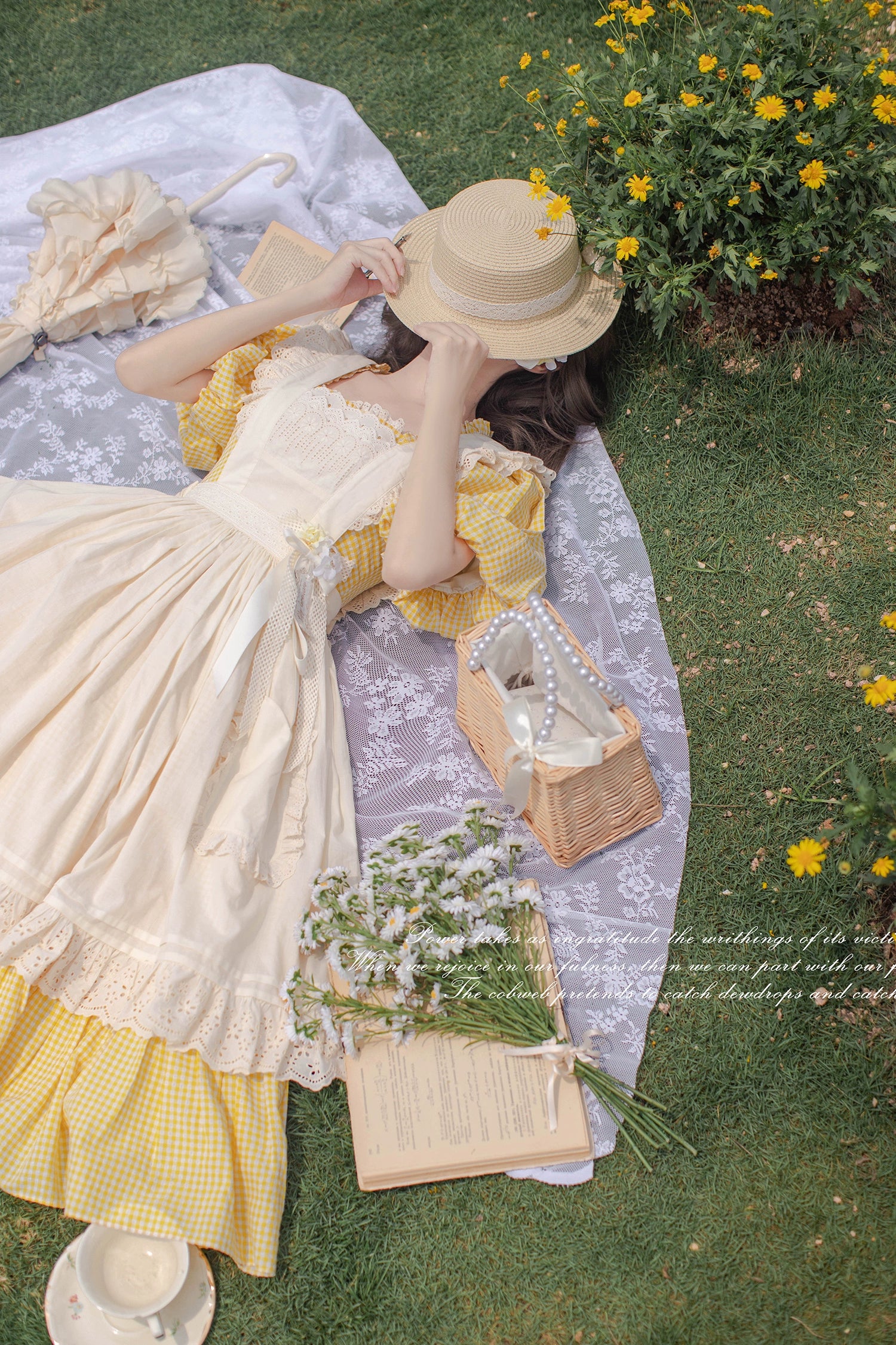 HuTaoMuJK - Belle - Yellow Lolita OP Dress Set Apron Dress Plaid Print