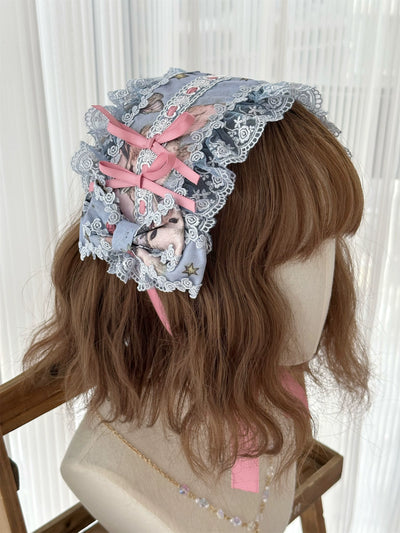 Babyblue~Vintage Lolita Bonnet Hair Band Kawaii Headdress Sea Salt Blue/Headband  
