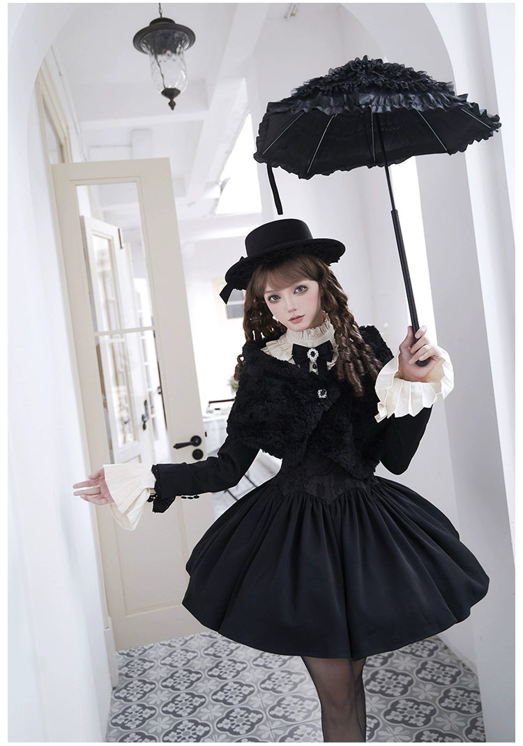 With PUJI~Old Testament~Classic Lolita Coat Black Plush Lolita Cape and Brooch 41702:711844