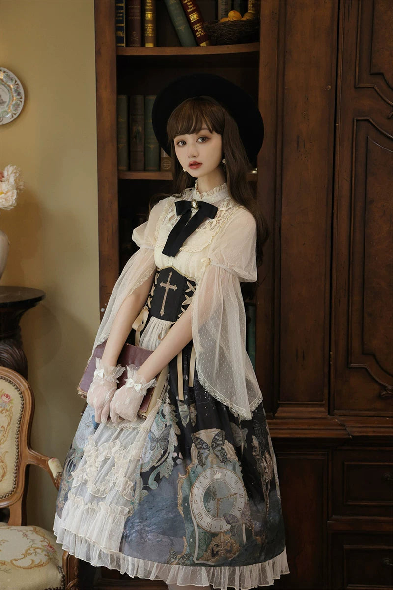 Clock Butterfly - Gothic Lolita Printed Blouse and Corset Skirt Set 45449:848795