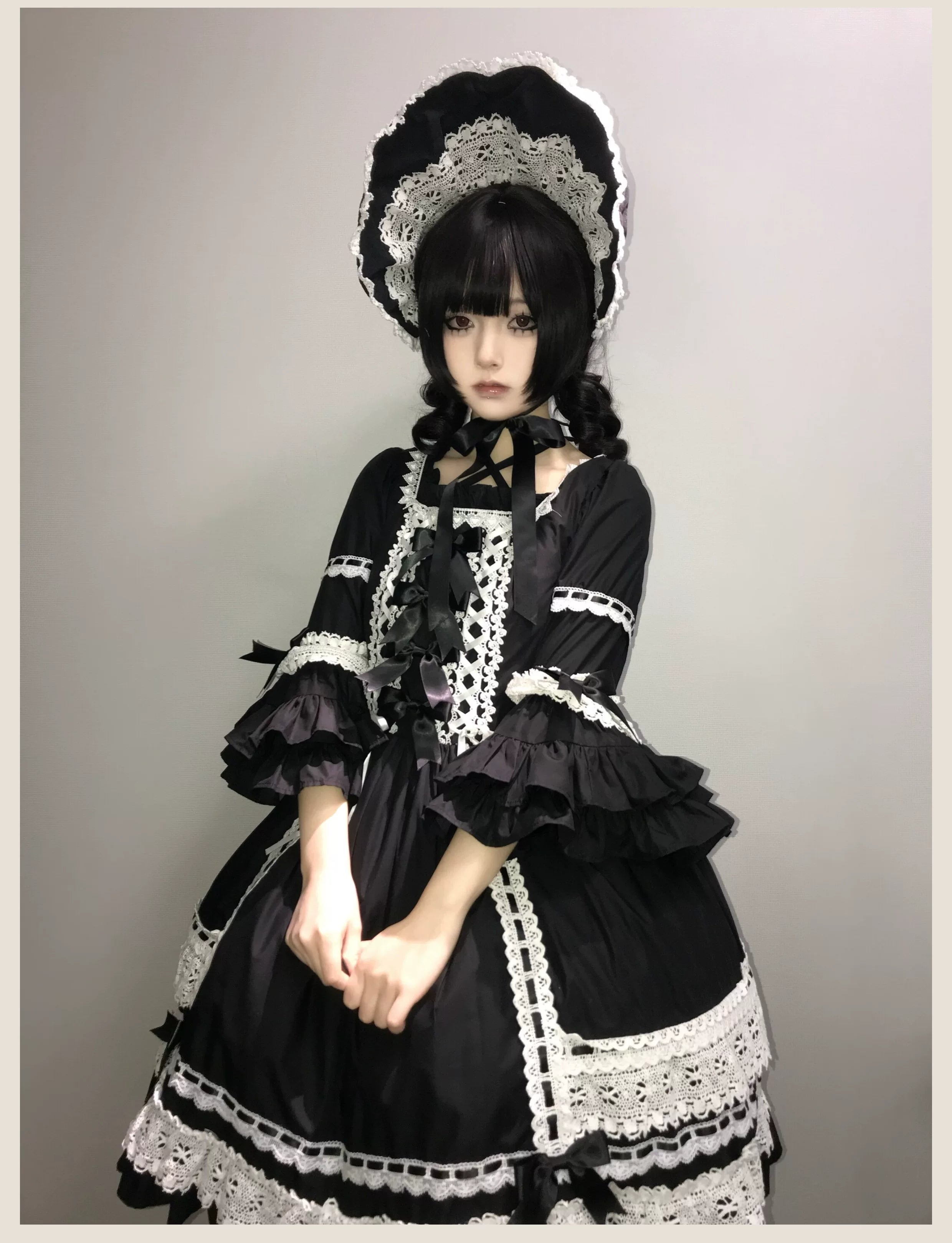 First Otome - Black Old School Lolita OP Dress, Lace Details 44645:825279