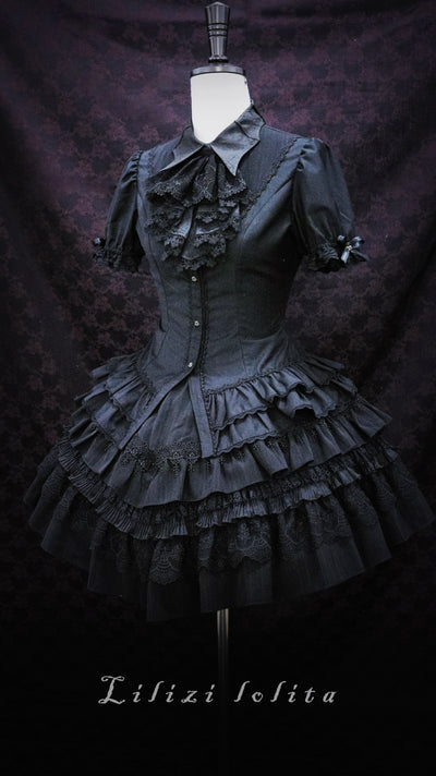 (BFM)Lilizi~KuiLi Series~Elegant Lolita Blouse with Bat Collar XS Black shirt + black bib tie 