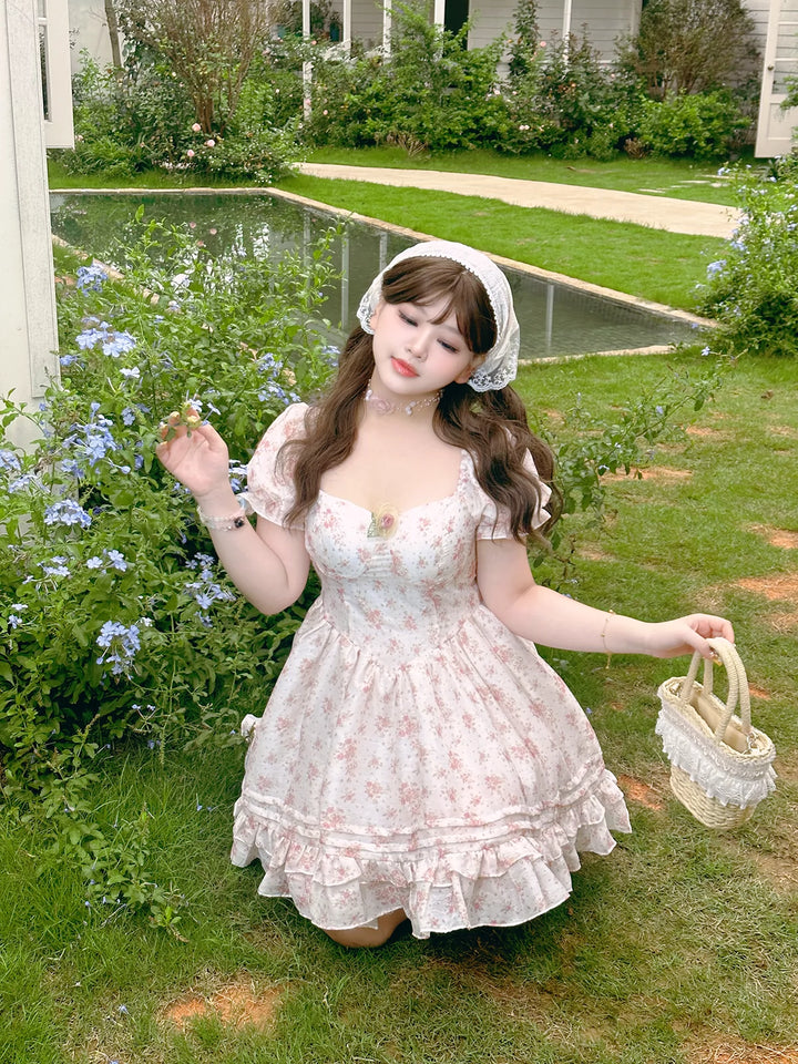 Yingtang~Plus Size Lolita OP Dress Floral Print Princess Dress   