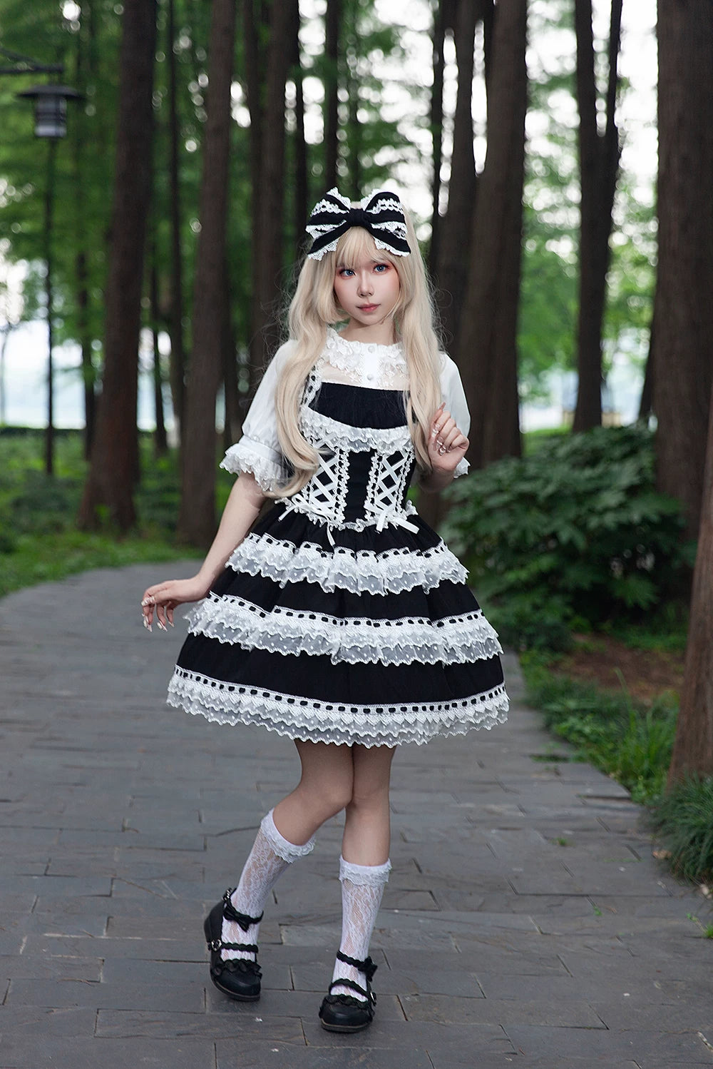 Mirror Doll - Old School Lolita Tiered Hem JSK with Polka Dot Lace 45540:853683