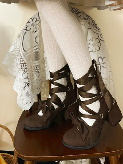 (BFM)MR Qiuti~Muse Kiss~Elegant Lolita Shoes Lace-up Bow Heels Round Toe 35 Cocoa Brown-6cm Heel Hight 