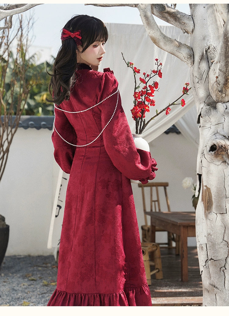 With PUJI~ShunSong~New Year Velvet Cheongsam Lolita OP Dress