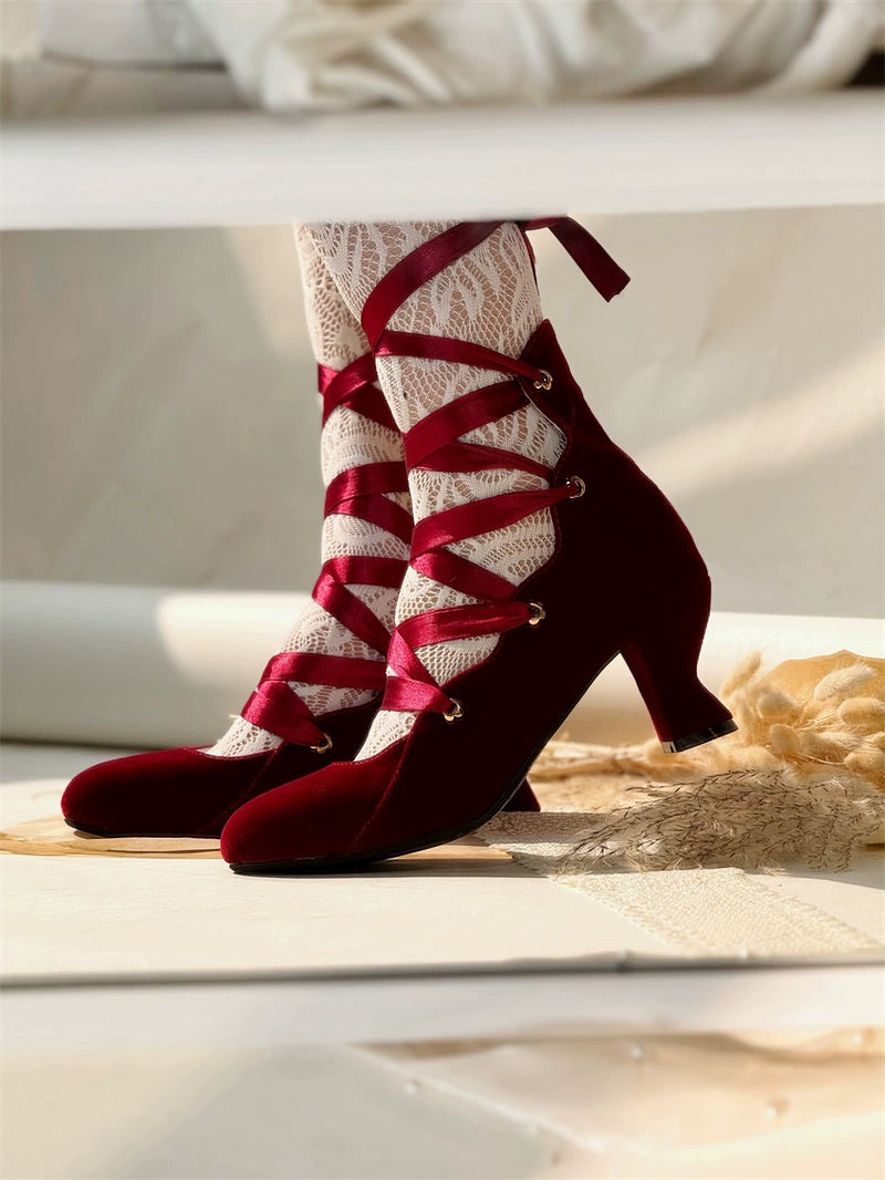 MR.Qiutian - Forbidden Dance - Elegant Lolita Velvet Shoes, Adjustable Lace-Up Straps