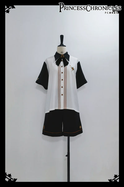Princess Chronicles~Floral Intoxication~Retro Ouji Lolita Short Sleeve Shirt and Embroidered Shorts Set S short sleeve shirt 