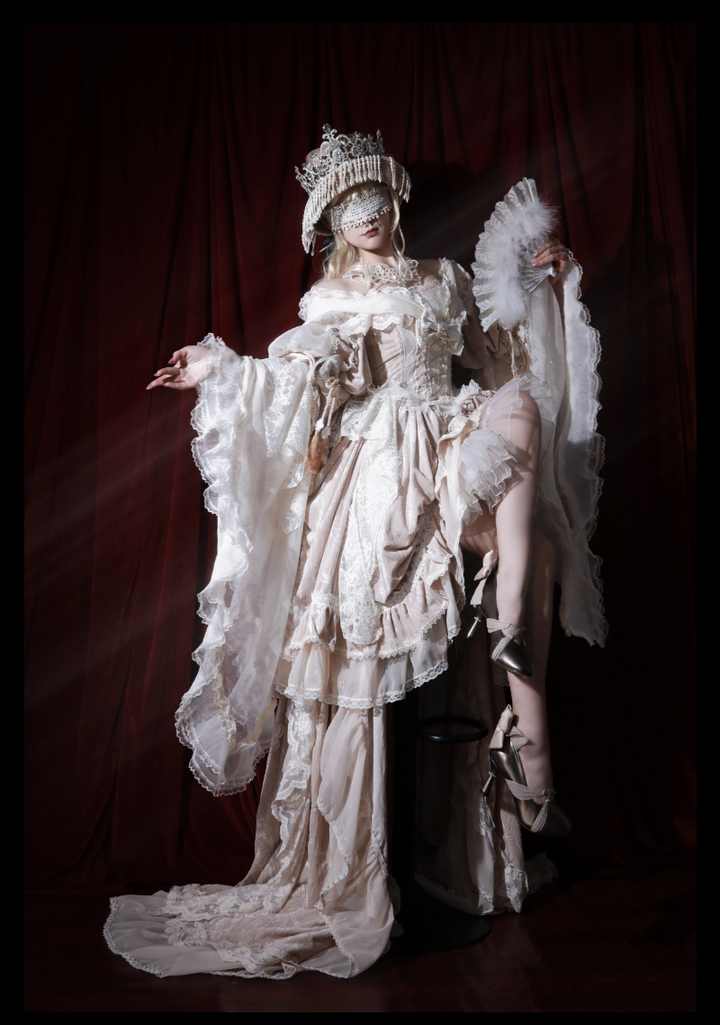 Guaji~Isabella~Wedding Lolita OP Bridal Dress with Tiered Petticoat and Trailing