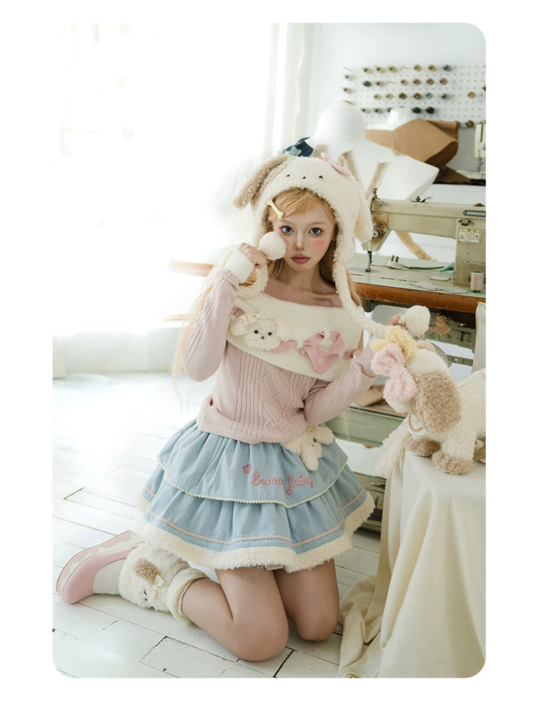 Summer Fairy~Ribbon Puppy~Sweet Lolita Suit Off-Shoulder Sweater Cute Cape OP   