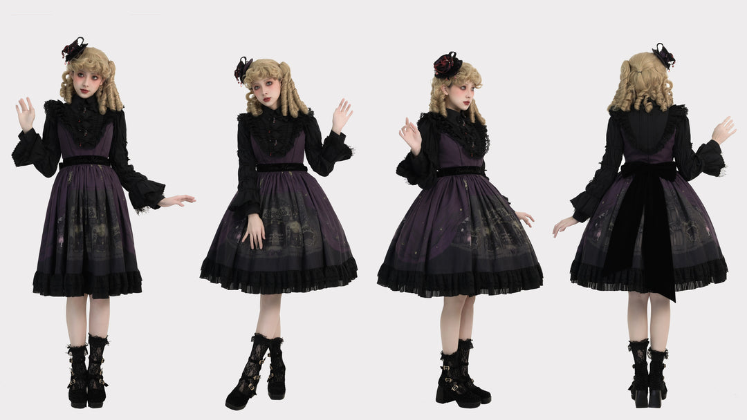 Dark Circle Clinic~Barbara Manor Night~Gothic Lolita JSK Pleated Floral Print Lolita Dress   