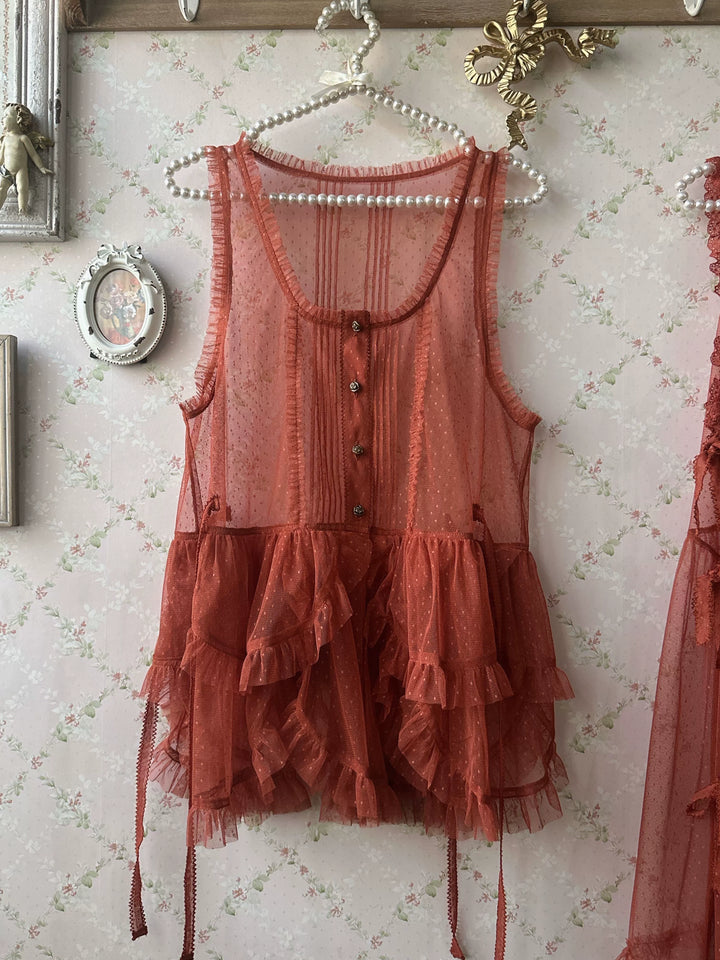 Sweet Dreamer~Antique Wall~Classic Vintage Lolita Vest Tulle Polka Dot Vest Small dots in caramel red (vest only) (Pre-order) Free Size Single-layer petal hem