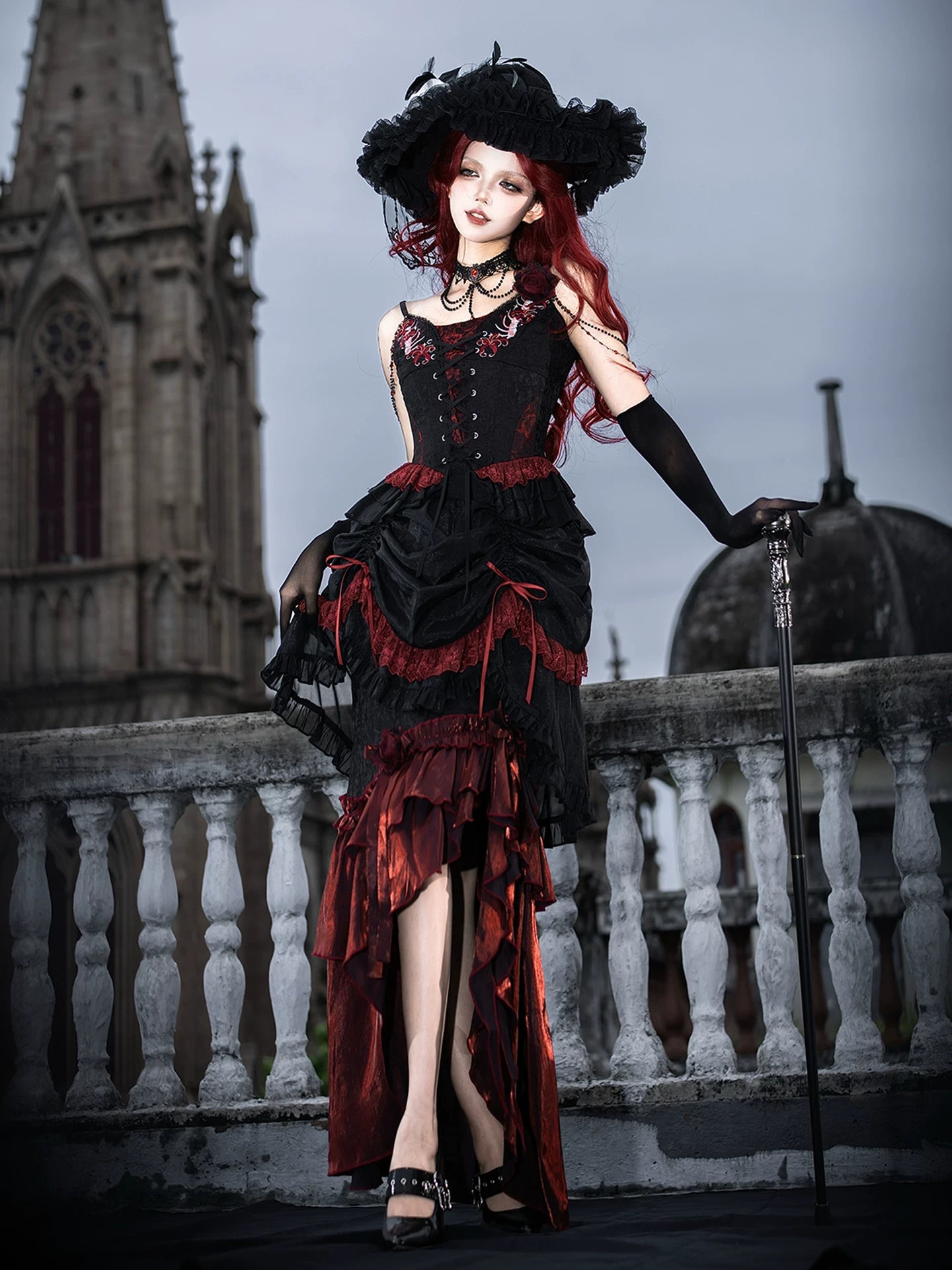 Bone Rot Bloom - Gothic Lolita Embroidered Camisole & Drawstring Lift-up Hem Skirt 45593:854845
