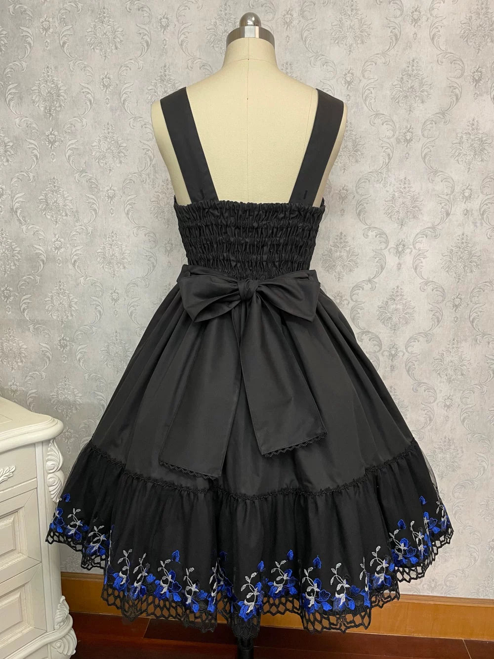 Alice of the Night - Gothic Lolita JSK Cotton Dress, Embroidery & Blue Florals