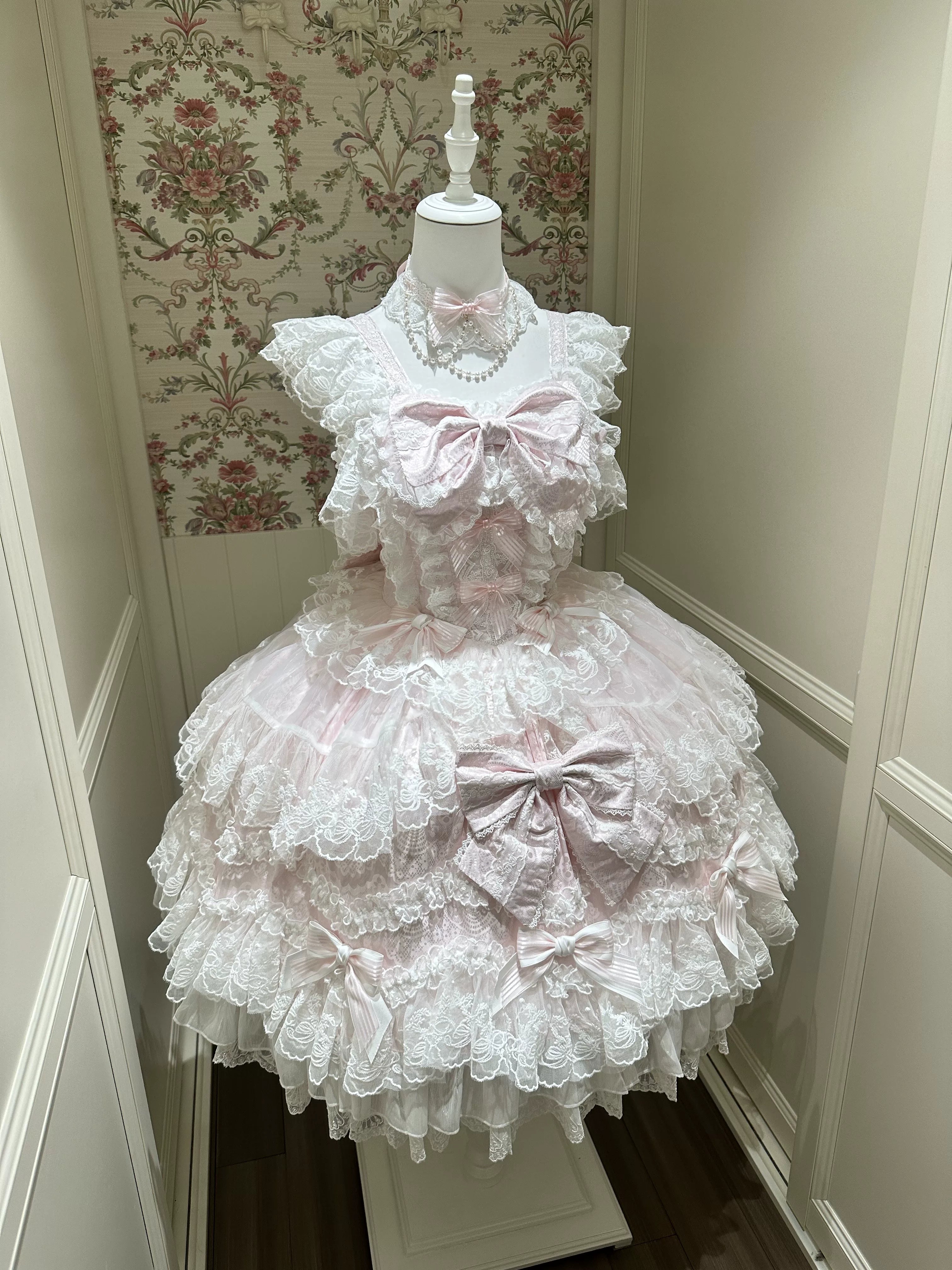 Sakura Blossom Dream - Dreamy Sweet Lolita JSK Dress, Abundant Lace & Bows Pink - JSK Only S