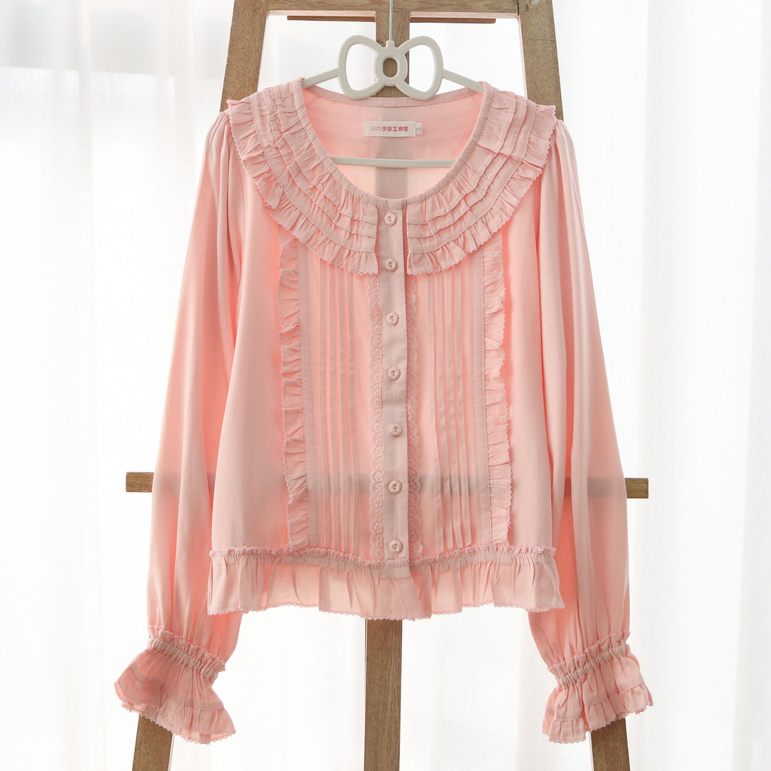 MIST~Wine Drunk Rose~Sweet Cotton Lolita Blouse with Ruffles and Pleats Orange pink blouse only S