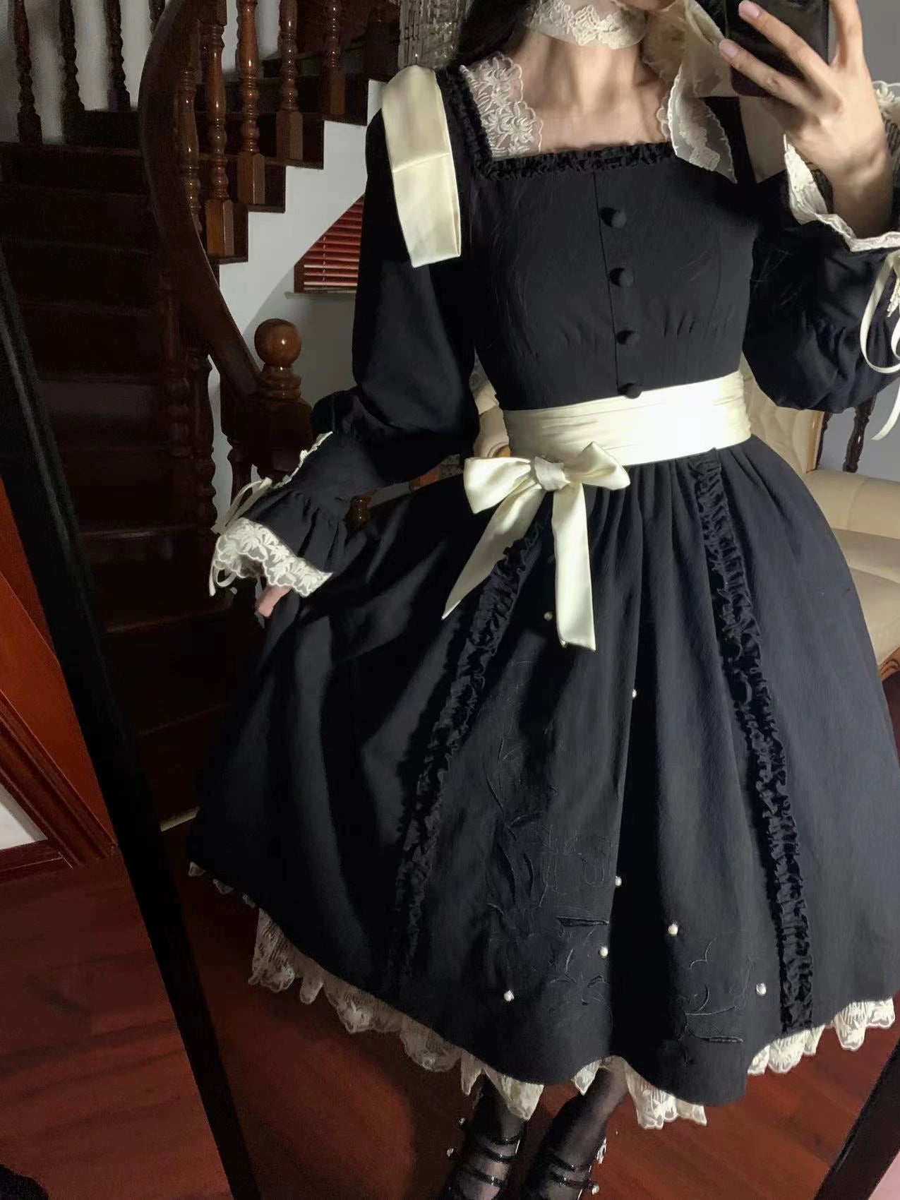 Moonlit Lily - Cotton Classic Lolita OP Dress, Lily Embroidery