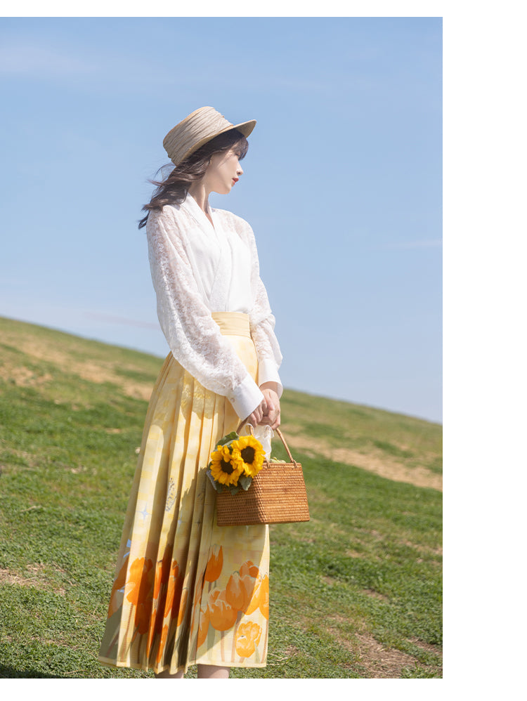 Chixia~Tulipfruit~Han Lolita Improved HanFu Horse-faced Skirt Dress short blouse+one-piece skirt S 