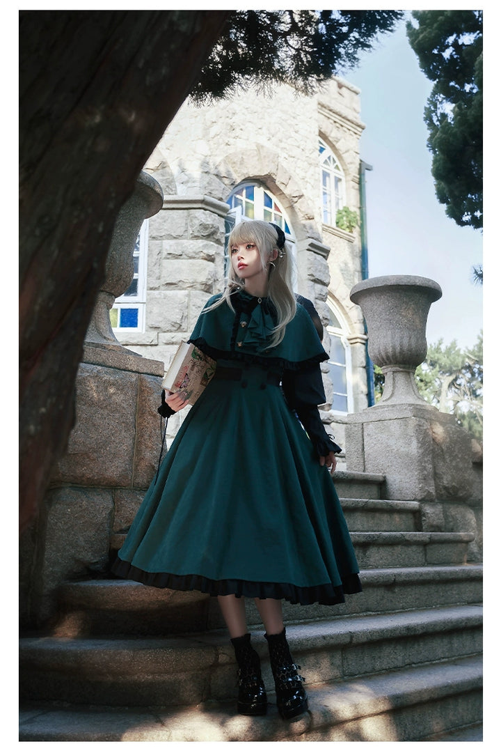 With PUJI~College of Potions~Elegantt Lolita OP Dress Black and Green Dress with Cape   