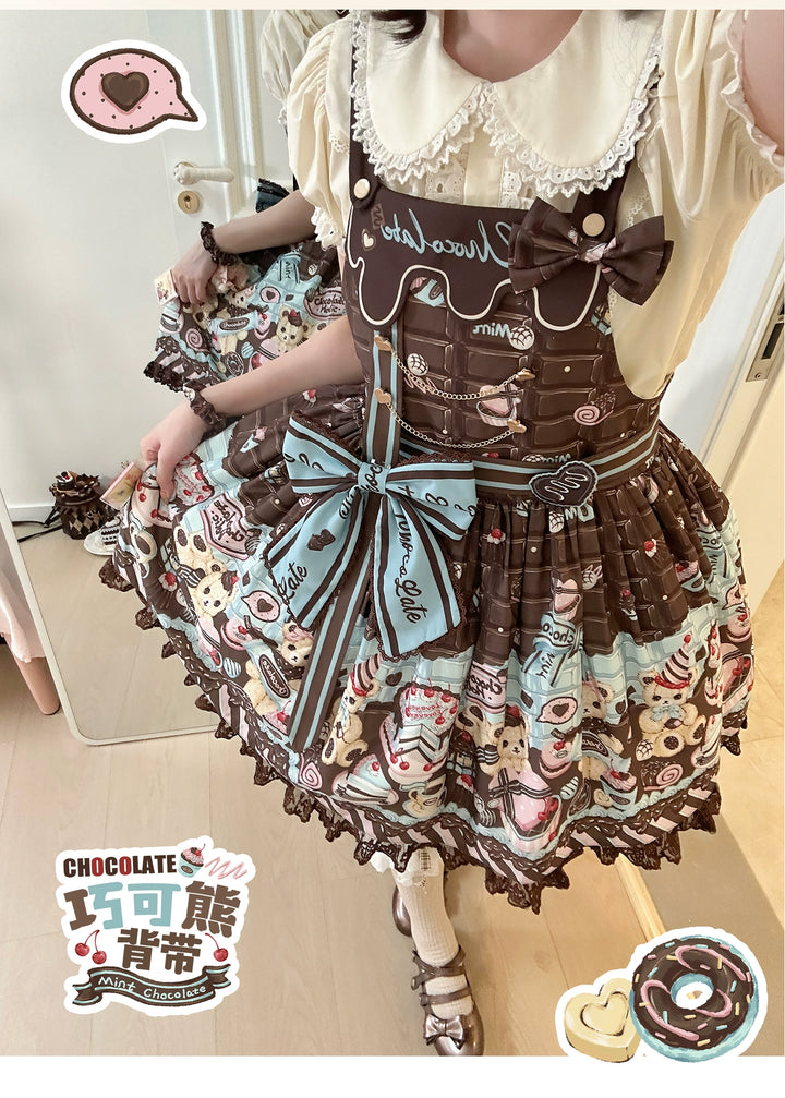 Sweet Dream Sheep~Chocolate Bear~Sweet Lolita Salopette High Waist Dress   