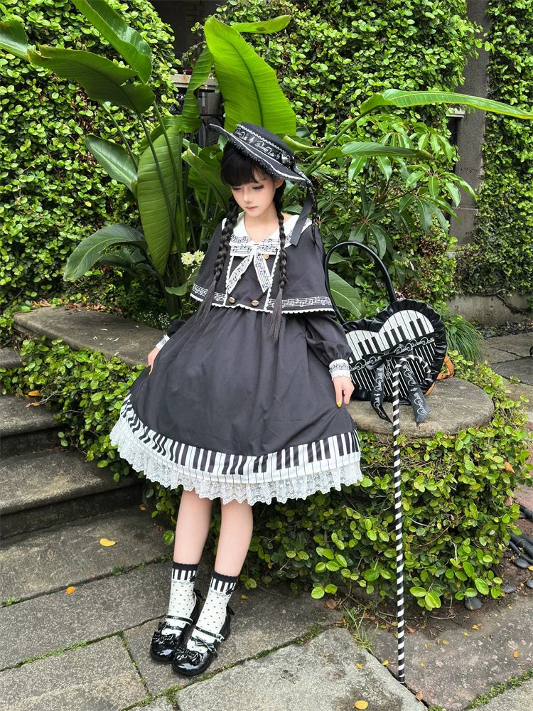 Piano Serenade - Old School Lolita Cape Layered Dress, Musical Note Embroidery 45785:862513