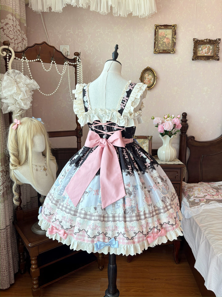 Shattered Lace Dream - Shattered Cat - Cat Printed Kawaii Lolita JSK Dress, Embroidered Sash