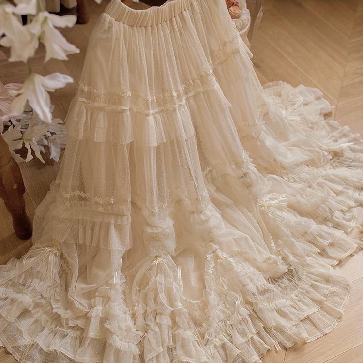 ThinkFly - Pleated Heart - Elegant Lolita Petticoat with Dotted Gauze Hem Ivory One Size