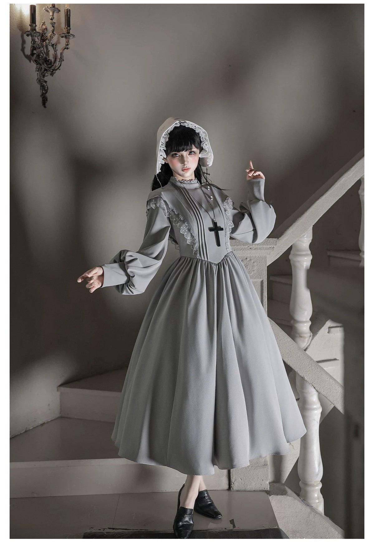 Moon Phase - Gothic Lolita OP Dress Set, Detachable Cross-Shaped Apron 46035:873413