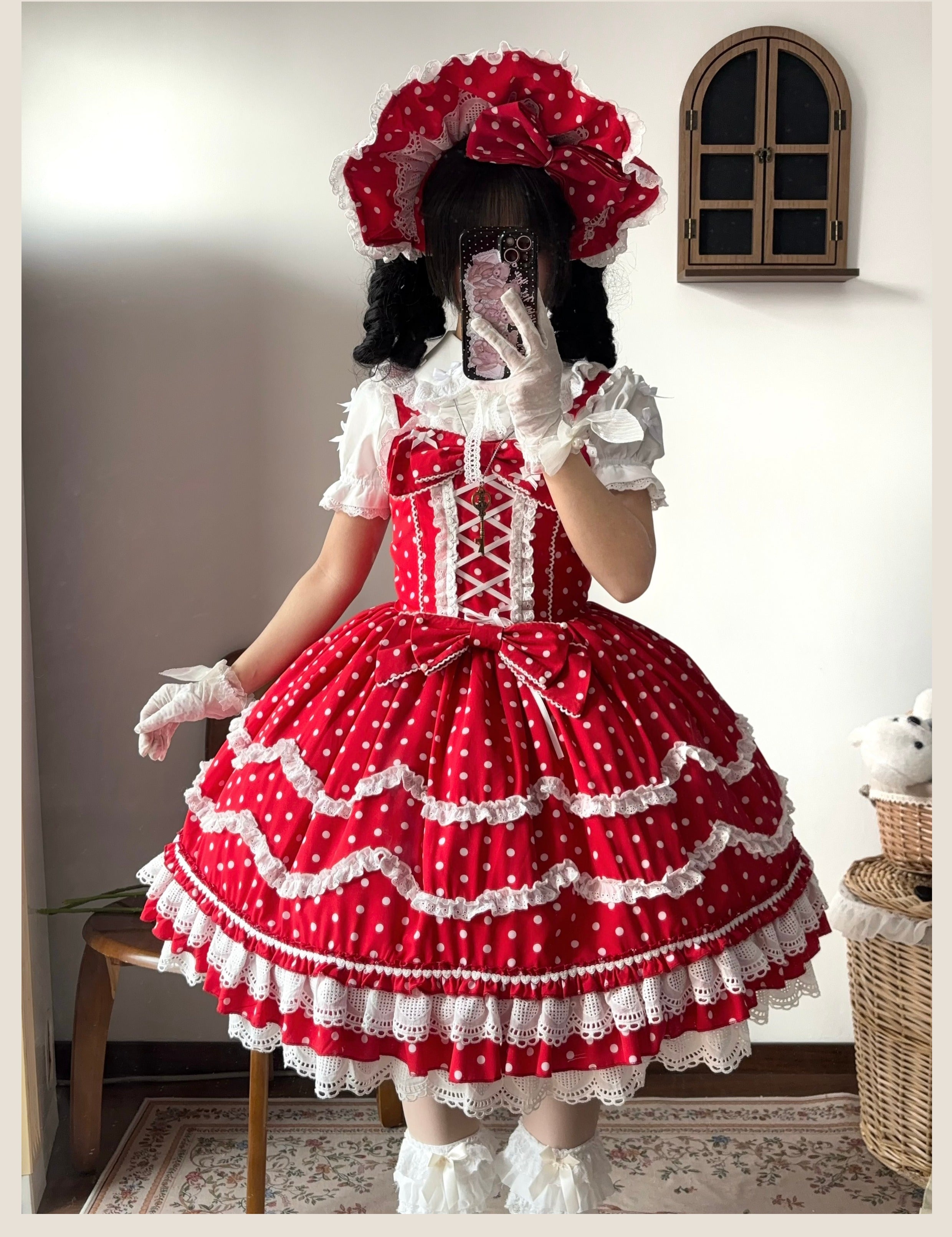 TaTaTa Lolita - Polka Bailys - Old School Lolita JSK Suit Red White Polka Dot Dress Polka dot JSK + BNT + hairband S