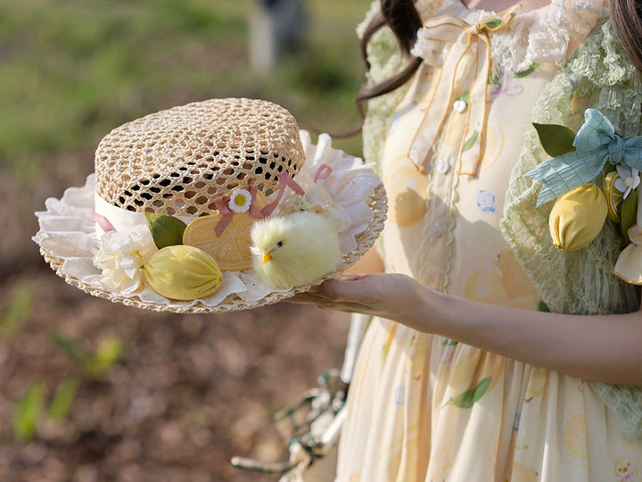 Miss Point~Lemon Chick~Country Lolita Accessories With Openwork Straw Hat 42983:760553