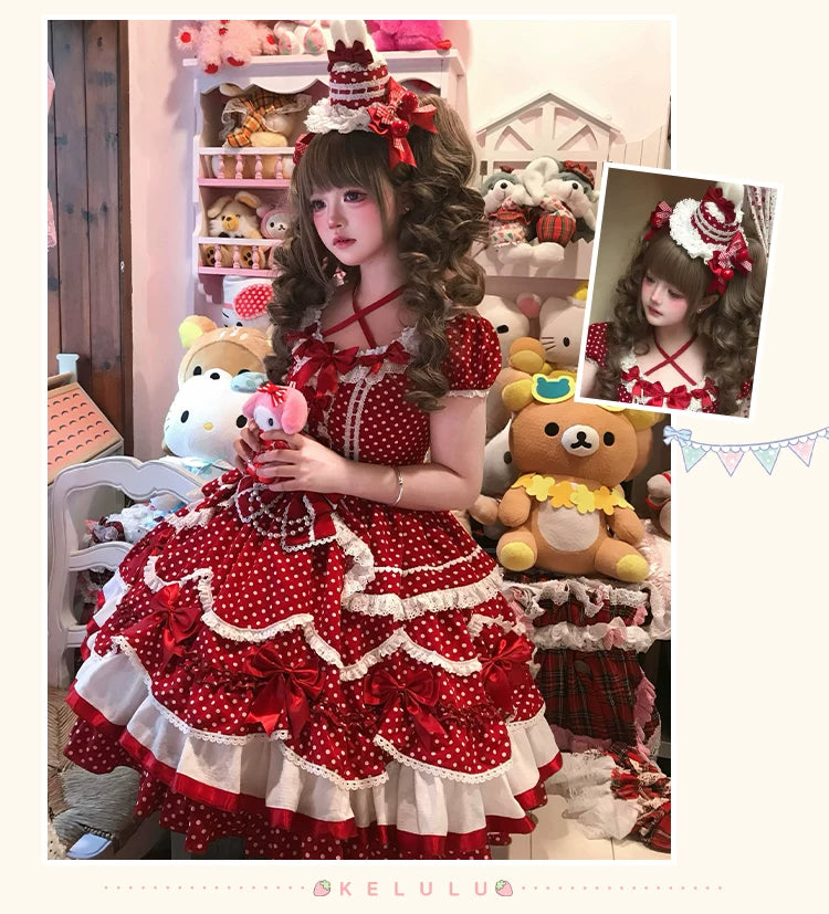 Berry Dew Drops - Red Old School Lolita OP Dress, Polka Dot