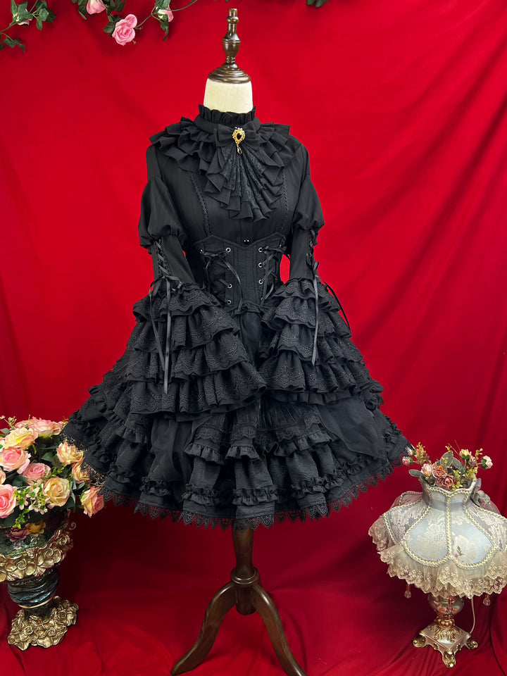 DMFS Lolita~Good and Evil Angel~Gothic Lolita SK Set Retro Princess Sleeve Blouse