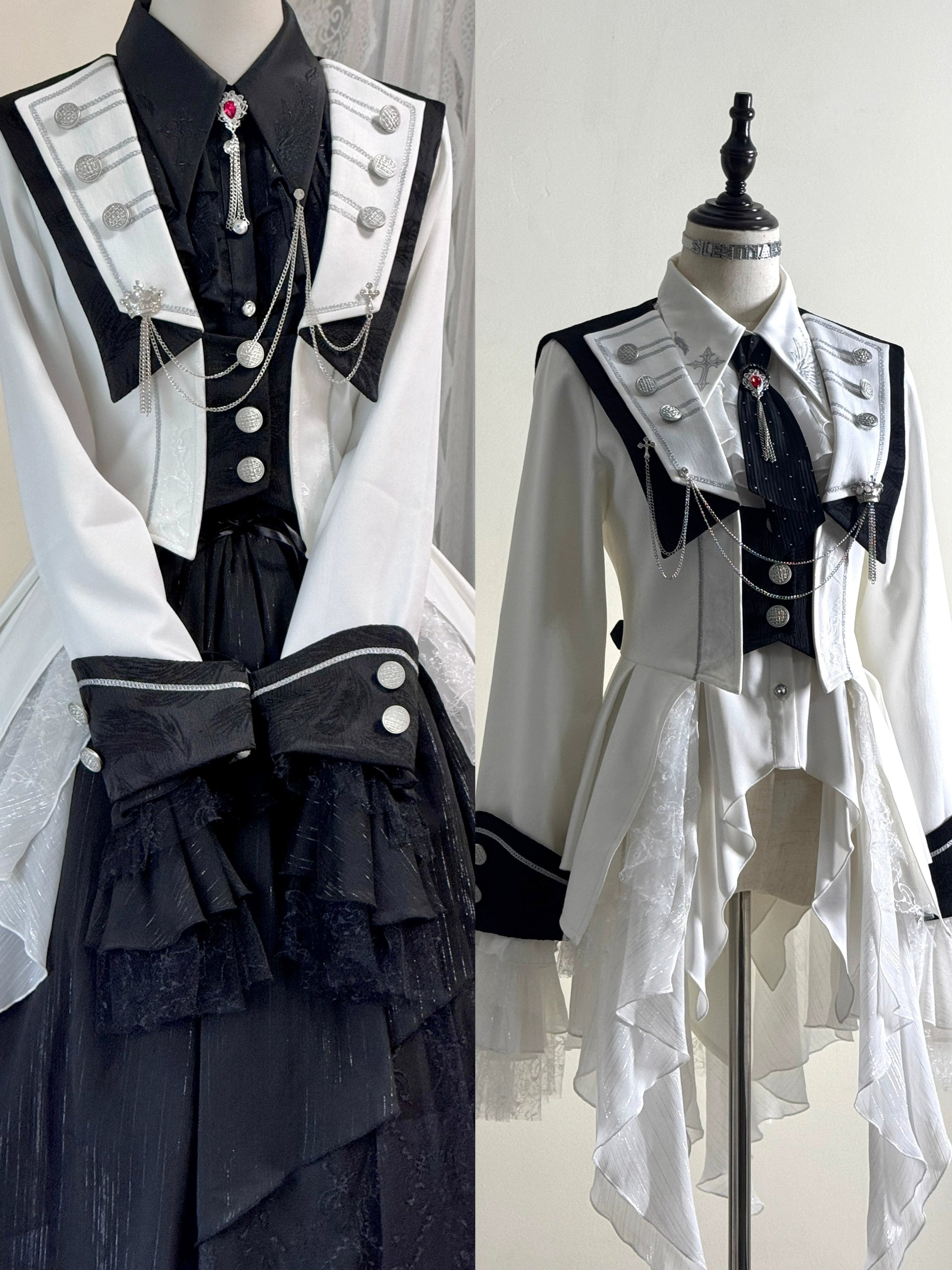 Silent Mars - Raven Crown - Gothic Lolita Suit Shirt Military Coat Skirt and Pants White Coat Only (with a faux ruby brooch) S