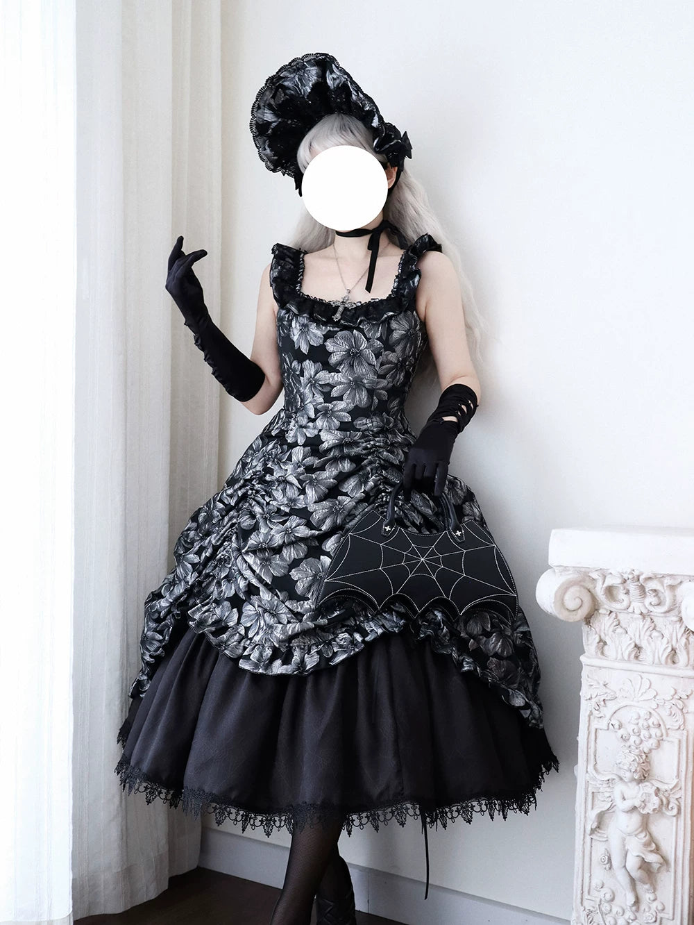 Midnight Lily - Gothic Lolita Lily Jacquard JSK Dress, Drawstring Lift-up Hem 45765:861812