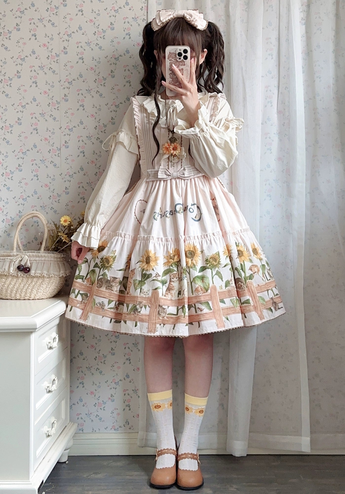 Polaris Lolita - Cat and Sunflower - Sweet Lolita JSK Cat and Sunflower Print Dress and Headdress Set 36738:526384