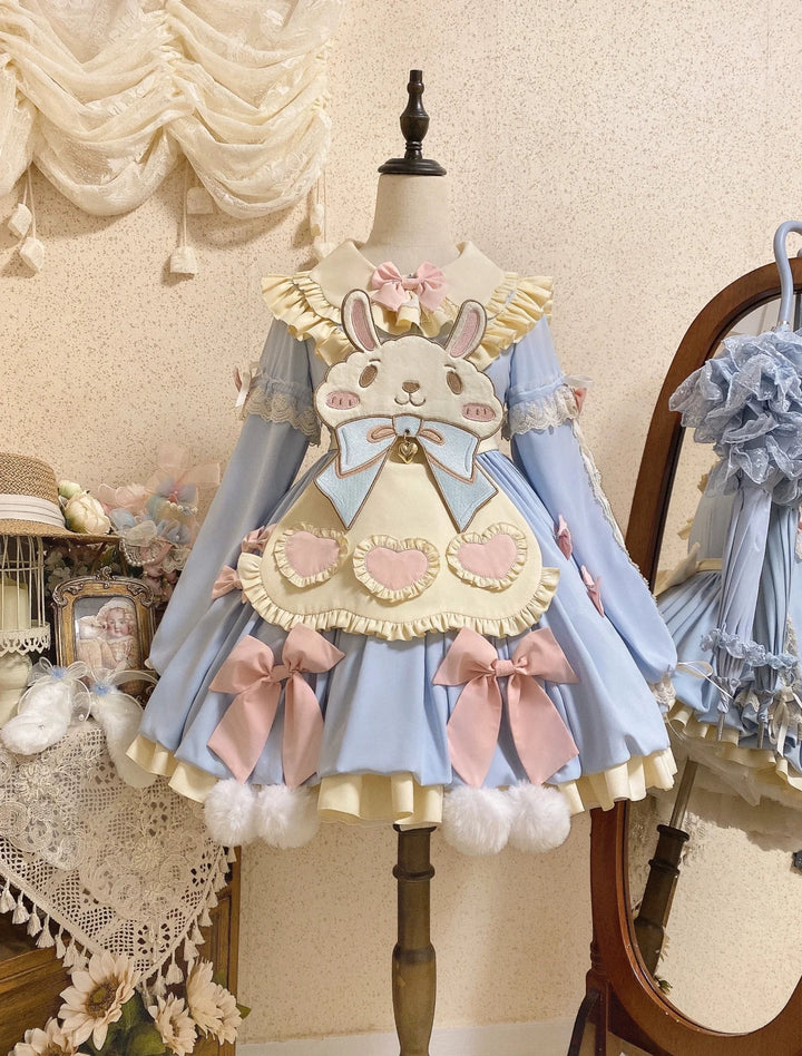 Cute Girl~Zero Card Rabbit~Kawaii Lolita OP Dress Long Sleeve Dress S Long Sleeve Blue Bunny OP Set (with pannier) 