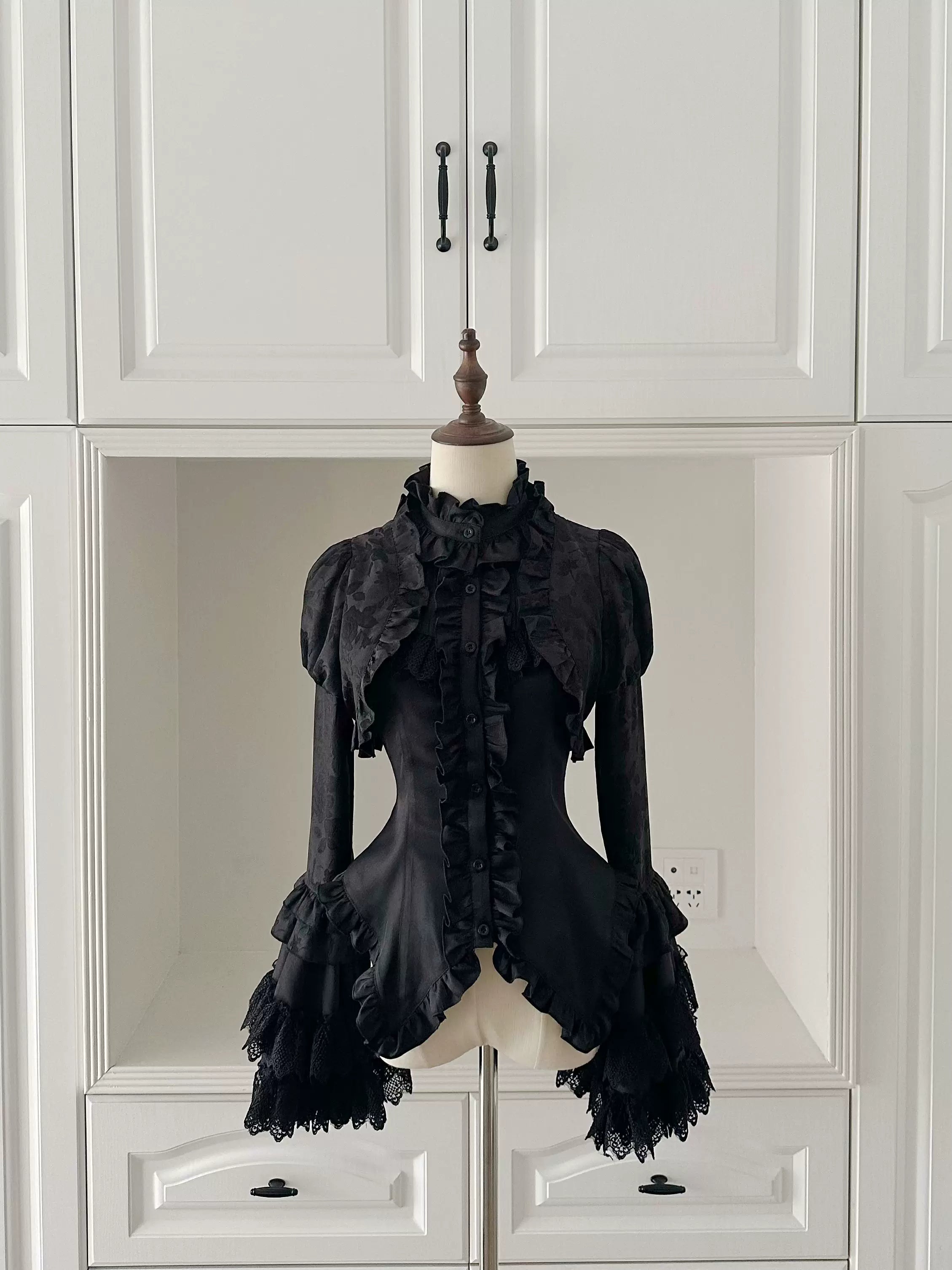 Cross Nocturne - Gothic Lolita Corset Dress Set, High-low Hem & Cross Black Blouse with Black Faux Bolero Only S