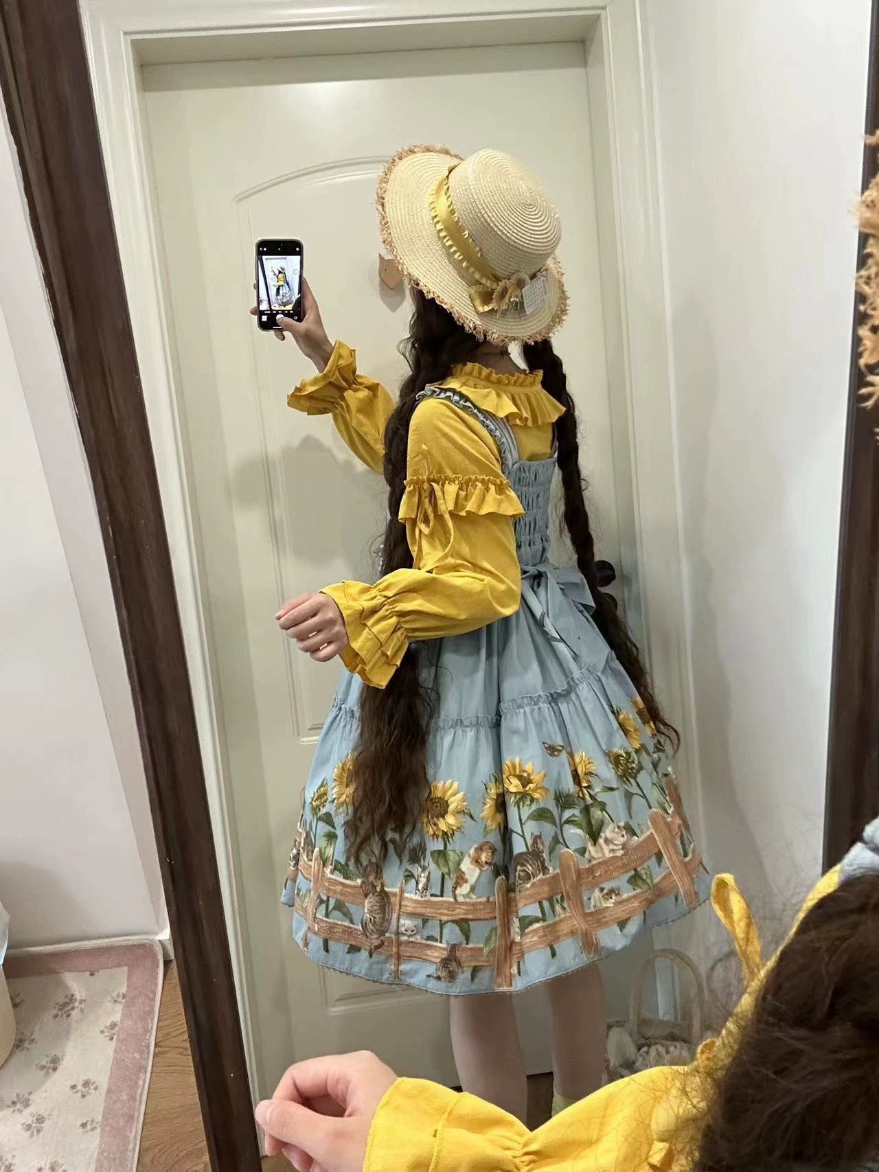 Polaris Lolita - Cat and Sunflower - Sweet Lolita JSK Cat and Sunflower Print Dress and Headdress Set