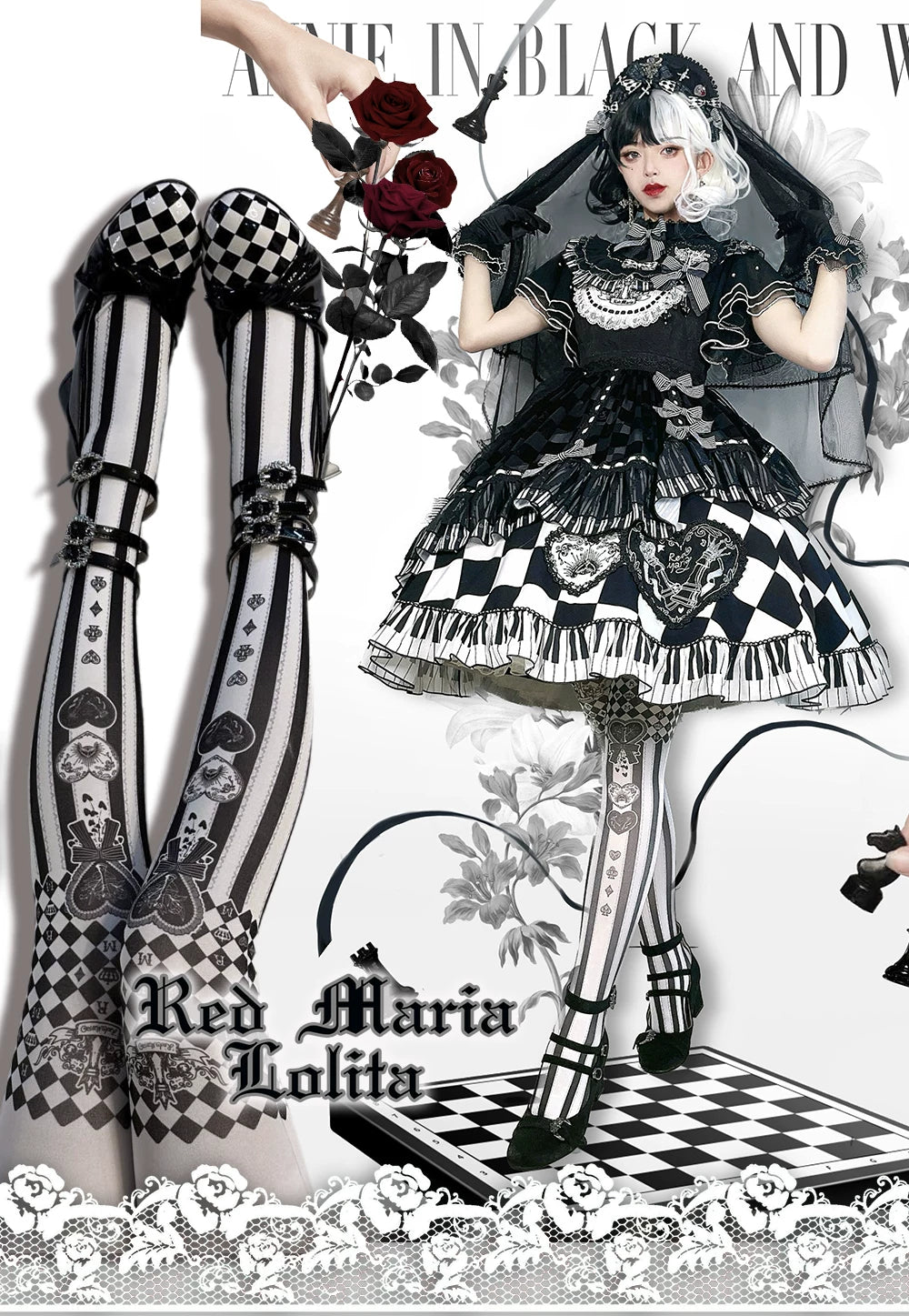 Black-white Anne - Gothic Lolita Velvet Tights, Checkerboard & Stripes 45152:836926