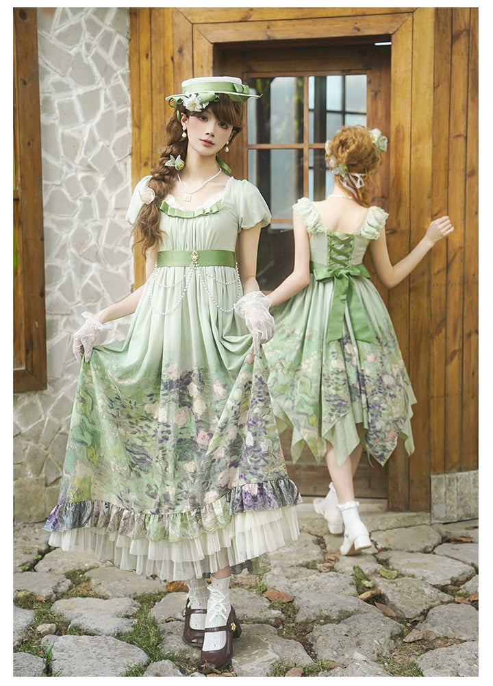 With PUJI~Blooming Rose~Chiffon Classic Lolita Dress Set Painting Styled OP & JSK