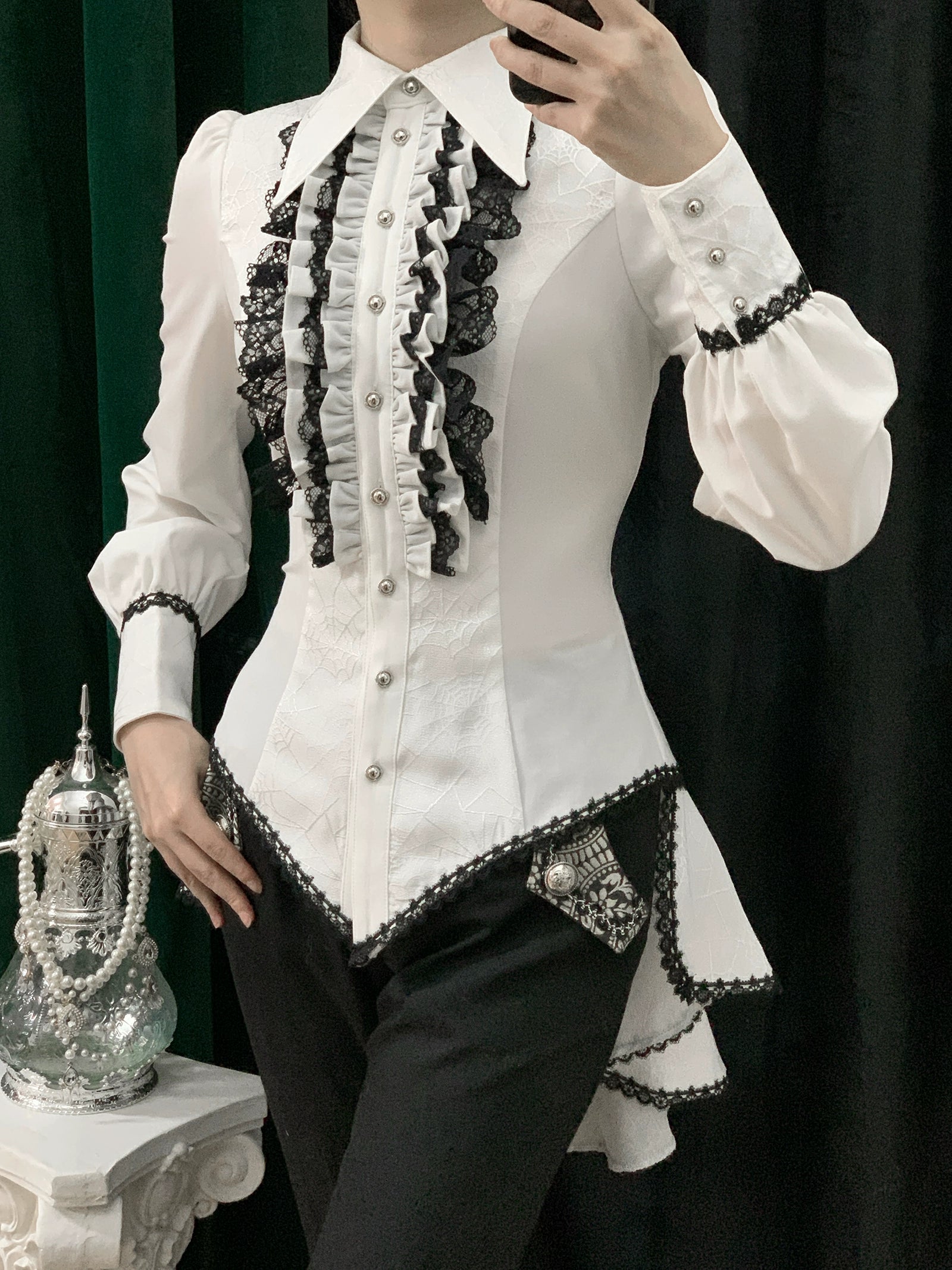 Little Dipper - Cold Rice - Ouji Lolita Shirt With Spiderweb Pattern in Several Versions Short Sleeves - White Shirt with Black Lace - Long Version M