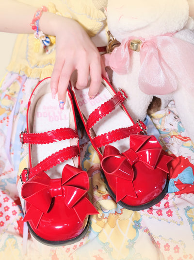 Dolly Doll~Apple Candy~Mary Jane Lolita Shoes Bow PU Low-Mid Heel Shoes   
